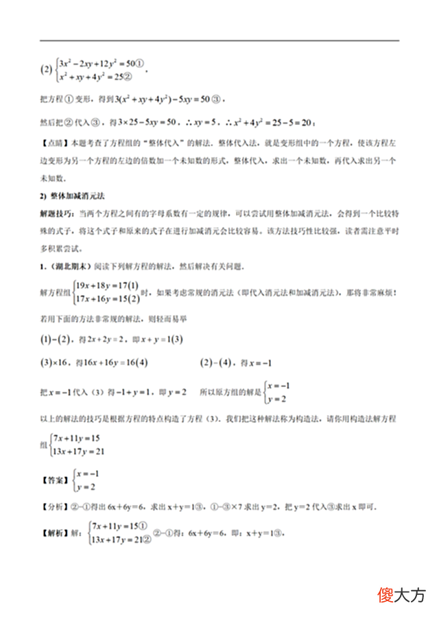 【游戏世界】二元一次方程组及解法（解析版）