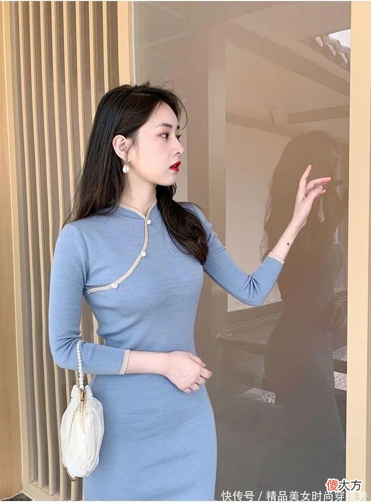 【时尚一点】蓝色修身的旗袍裙给人一种温婉知性的成熟美