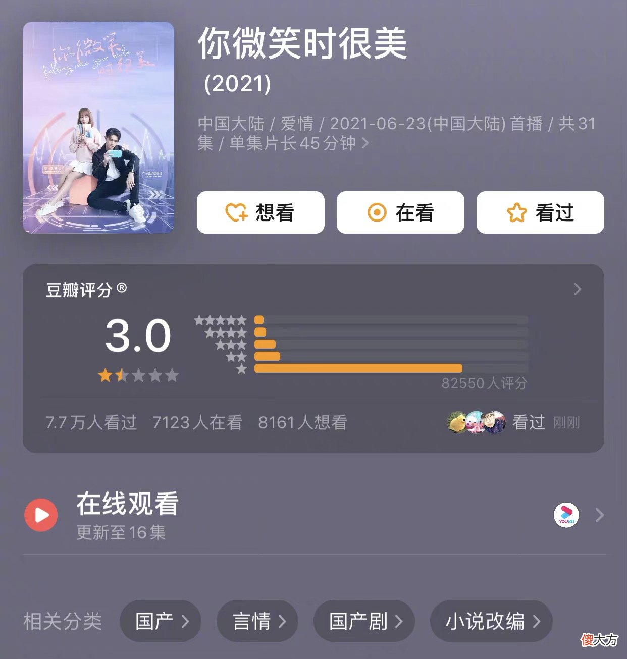 【游戏世界】许凯 程潇领衔主演的《你微笑时很美》豆瓣开分 仅3.0分 预订年度烂剧