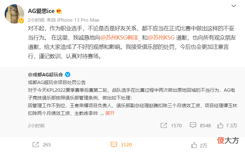 【游戏迷】AG公布爱思处罚结果，扣1个月工资，小兽和赵腾也受到牵连