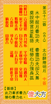 观音灵签 第五二签: 太白醉捞明月